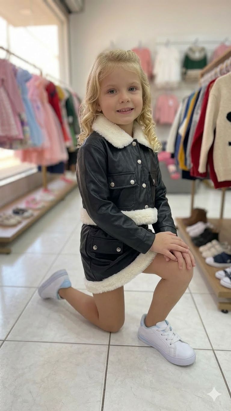 Conjunto Infantil Feminino Couro Pelinhos