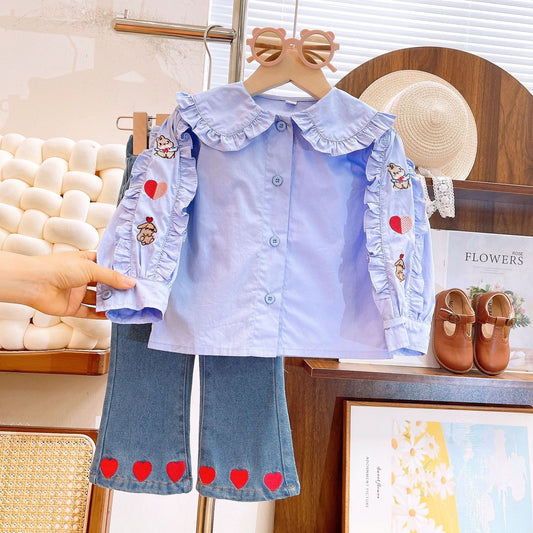 Conjunto Infantil Feminino Camisa + Jeans Corações