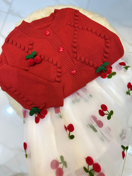 Conjunto Infantil Cardigan + Vestido Cerejinha
