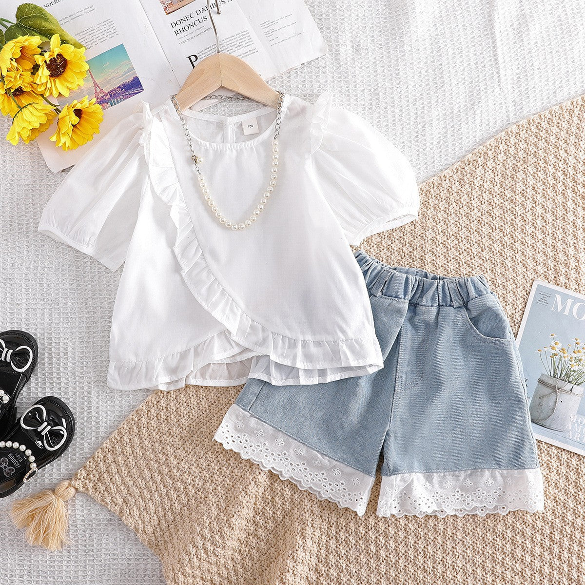 Conjunto Infantil Feminino Branco e Jeans Rendinha