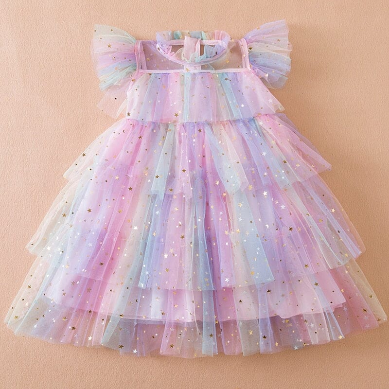 Vestido Infantil Babados Tule Estrelinhas