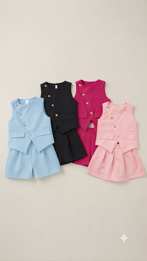 Conjunto Colete Alfaiataria Botão Rosa Dourada
