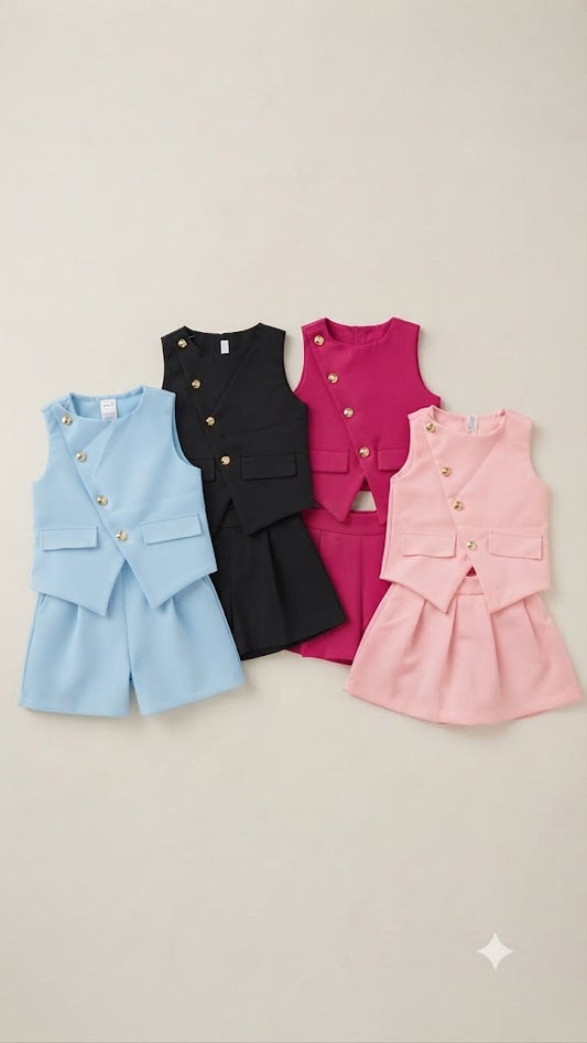 Conjunto Colete Alfaiataria Botão Rosa Dourada