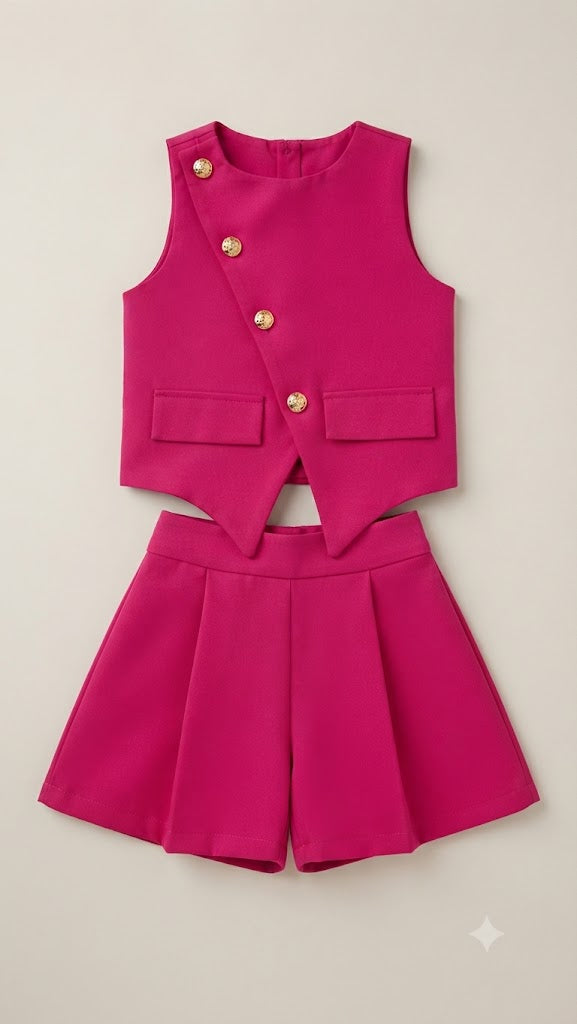 Conjunto Colete Alfaiataria Botão Rosa Dourada